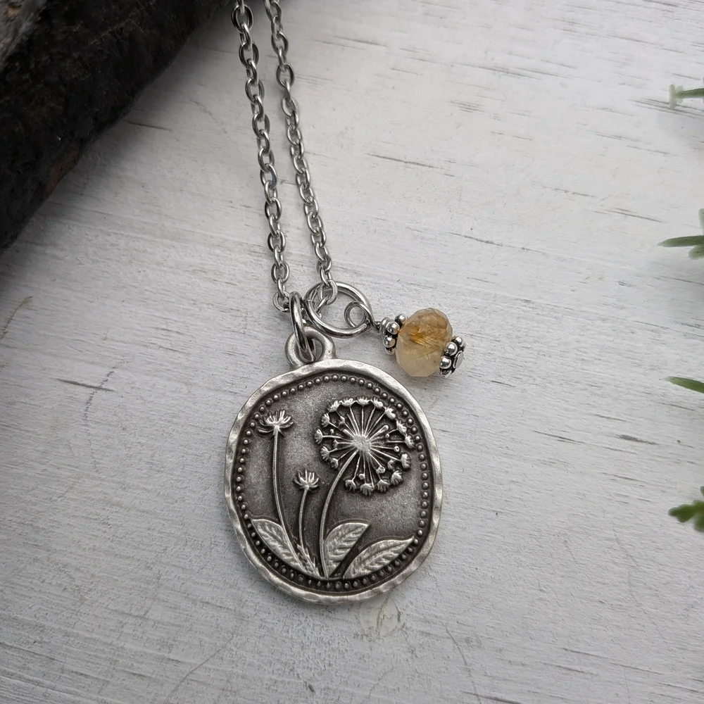 Silver Toned Dandelion Flower Pendant Necklace with Yellow Gemstone - Picture 4 of 4